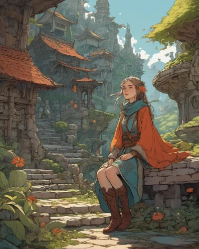 wander,meteora,adventurer,wanderer,traveler,the wanderer,mountain settlement,ruins,apothecary,bard,wishing well,mountain guide,merchant,background with stones,old earth,robin's nest,idyll,mountain world,knight village,elven,Illustration,Realistic Fantasy,Realistic Fantasy 12