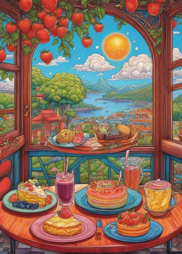 breakfast table,bowl of fruit in rain,bistro,fruit bowl,breakfast room,cart of apples,basket of apples,vegetables landscape,kitchen table,placemat,alpine restaurant,a restaurant,bowl of fruit,tearoom,fruit tree,red tablecloth,fruit plate,food table,tomato soup,fruit basket,Illustration,Abstract Fantasy,Abstract Fantasy 21