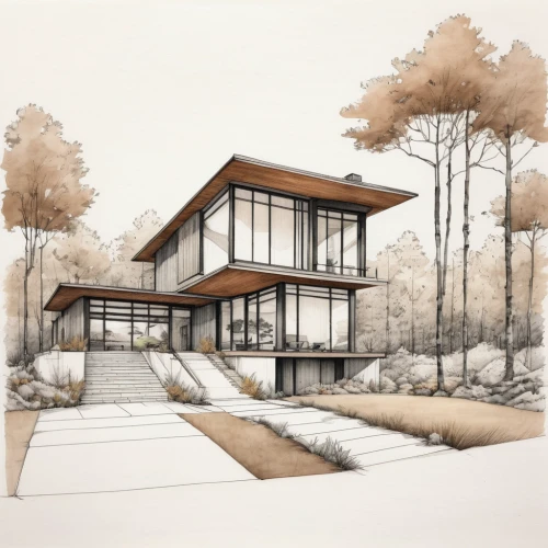 house drawing,mid century house,modern house,dunes house,archidaily,modern architecture,timber house,garden elevation,eco-construction,mid century modern,architect plan,3d rendering,residential house,house in the forest,house floorplan,contemporary,kirrarchitecture,frame house,ruhl house,house with lake,Illustration,Paper based,Paper Based 07