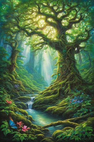 elven forest,fairy forest,forest landscape,forest background,celtic tree,holy forest,enchanted forest,forest tree,fairytale forest,fairy world,fantasy picture,green forest,garden of eden,magic tree,forest of dreams,flourishing tree,forest glade,green tree,natura,druid grove,Illustration,Paper based,Paper Based 09