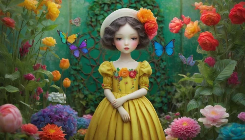 girl in flowers,yellow garden,girl in the garden,flower garden,painter doll,artist doll,garden fairy,chrysanthemum exhibition,flower fairy,sea of flowers,flower girl,the garden marigold,flora,flowerbed,kahila garland-lily,marigold,pompom dahlia,summer flower,flower painting,girl picking flowers,Illustration,Abstract Fantasy,Abstract Fantasy 06