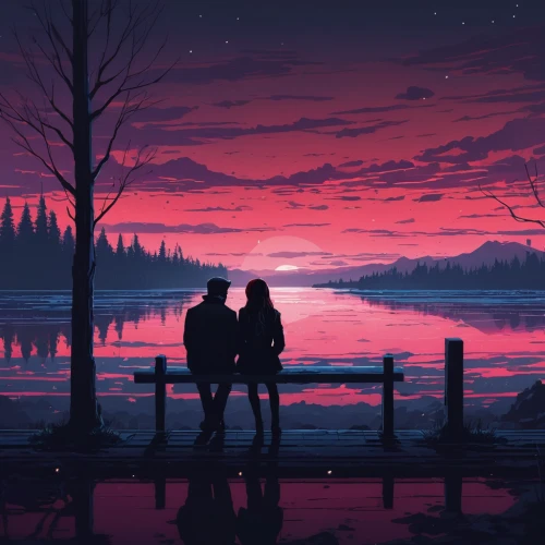 romantic scene,dusk background,romantic night,twilight,winter background,evening lake,landscape background,evening atmosphere,couple silhouette,dusk,before the dawn,valentines day background,night scene,pink dawn,romantic,romantic meeting,before dawn,loving couple sunrise,art background,purple landscape,Conceptual Art,Fantasy,Fantasy 32