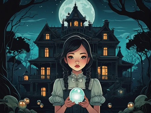 halloween illustration,witch's house,witch house,mystery book cover,sci fiction illustration,ghost girl,game illustration,psychic vampire,halloween poster,the haunted house,ghost castle,digital illustration,book cover,lantern,haunted house,haunted,crystal ball,kids illustration,doll's house,cover,Illustration,Japanese style,Japanese Style 15