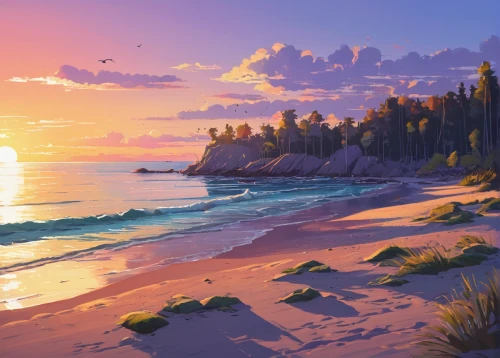 beach landscape,sunrise beach,coast sunset,mountain beach,sunset beach,dream beach,beach scenery,coastal landscape,sand coast,cliff beach,lake superior,summer background,summer evening,pink beach,landscape background,shoreline,coastline,beautiful beach,beautiful beaches,sea landscape,Illustration,Realistic Fantasy,Realistic Fantasy 12