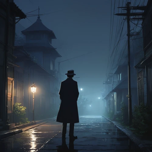 detective,film noir,blind alley,sherlock holmes,holmes,mysterious,lamplighter,eerie,atmospheric,detective conan,atmosphere,japan's three great night views,alley,black city,night scene,mystery,investigator,alleyway,the fog,mystery man,Illustration,Japanese style,Japanese Style 14