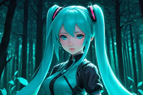 hatsune miku,miku,vocaloid,aqua,cyan,forest background,umiuchiwa,forest dark,anime 3d,fantasia,winterblueher,in the forest,would a background,background image,portrait background,teal digital background,luminous,digital background,patrol,3d background,Illustration,Realistic Fantasy,Realistic Fantasy 26