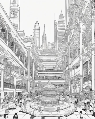 shanghai disney,chinese architecture,kowloon,harbour city,the dubai mall entrance,kowloon city,lotte world tower,asian architecture,shanghai,fantasy city,metropolis,concept art,multistoreyed,panopticon,shenyang,hudson yards,shopping mall,hong kong,mono-line line art,hongdan center,Illustration,Black and White,Black and White 12