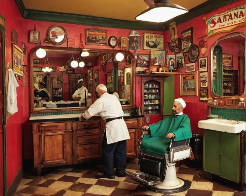 barber shop,barbershop,barber chair,barber,soda fountain,soda shop,the long-hair cutter,salon,hairdressing,pomade,soap shop,wax figures museum,vintage kitchen,hairdresser,retro diner,beauty salon,butcher shop,shoeshine boy,old havana,hairdressers,Art,Classical Oil Painting,Classical Oil Painting 30