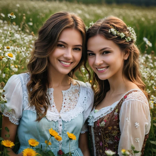 young women,two girls,beautiful photo girls,country dress,meadow flowers,beautiful girl with flowers,daisies,vintage girls,old country roses,vintage fairies,celtic woman,beautiful women,wild flowers,twin flowers,flower crown,daisy flowers,holding flowers,pretty women,summer flowers,ukrainian,Photography,General,Fantasy