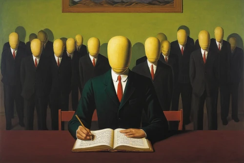 surrealism,abstract corporate,white-collar worker,hierarchic,contemporary witnesses,faceless,the illusion,lawyers,heads,grant wood,repetition,audience,surrealistic,preachers,business people,matchstick man,nonconformist,businessman,anonymous,art dealer,Art,Artistic Painting,Artistic Painting 06