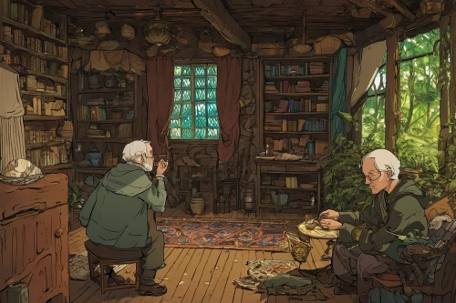 dandelion hall,apothecary,old couple,bookshop,witch's house,robin's nest,study room,retirement home,playing room,old home,old age,hobbit,examining,grandparents,game illustration,book store,book illustration,bookstore,old earth,ancient house,Illustration,Realistic Fantasy,Realistic Fantasy 12