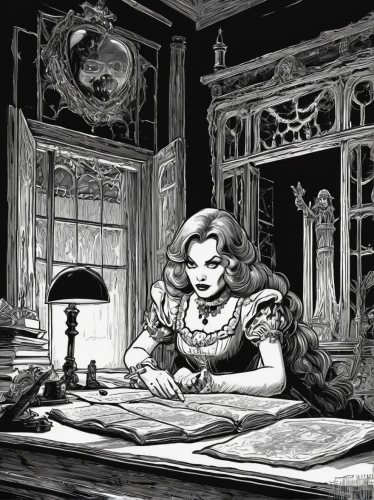 watchmaker,girl studying,book illustration,librarian,sci fiction illustration,apothecary,hand-drawn illustration,clockmaker,game illustration,game drawing,scholar,old elisabeth,victorian style,tutor,victorian lady,night administrator,author,marguerite,sewing room,seamstress,Illustration,Black and White,Black and White 06