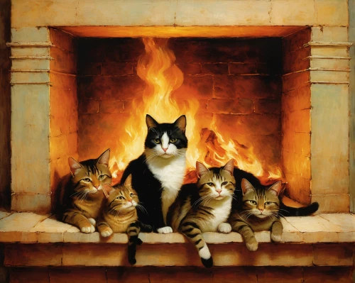 fireplaces,fireplace,cat family,fire place,cats on brick wall,mantel,fireside,vintage cats,warming,fire in fireplace,warmth,log fire,cat lovers,cat supply,rescue alley,seat warmers,cat's cafe,felines,cat frame,hearth,Art,Classical Oil Painting,Classical Oil Painting 44