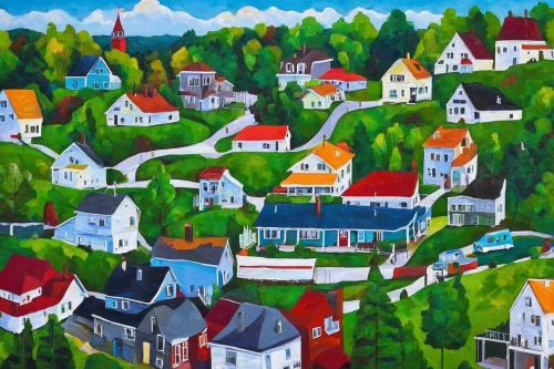 escher village,bergen,aurora village,bar harbor,maine,vittel,newfoundland,houses clipart,quebec,small towns,åkirkeby,trondheim,bornholm,villages,borås,roumbaler,triberg,münsterland,mountain village,mackinac island,Art,Artistic Painting,Artistic Painting 29