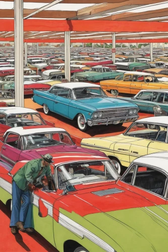 car dealership,ford motor company,american classic cars,vintage cars,car dealer,old cars,car hop,classic cars,automobile repair shop,edsel,muscle car cartoon,tail fins,cars,salvage yard,car cemetery,automobiles,model years 1958 to 1967,cars cemetry,myers motors nmg,junk yard,Illustration,Paper based,Paper Based 01
