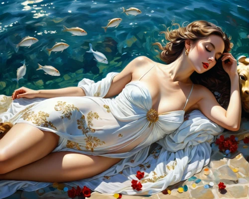the sea maid,sea breeze,girl lying on the grass,sea shells,seashells,idyll,water nymph,girl on the river,water pearls,the wind from the sea,oil painting on canvas,oil painting,sea-shore,girl on the boat,by the sea,on the shore,fantasy art,art painting,floating on the river,aphrodite,Photography,Fashion Photography,Fashion Photography 04