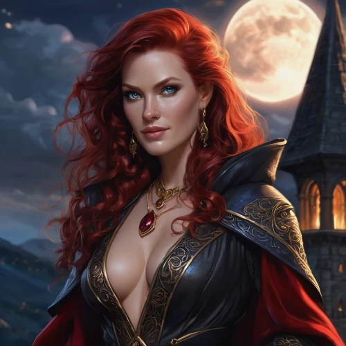 sorceress,fantasy art,fantasy picture,fantasy portrait,fantasy woman,vampire woman,massively multiplayer online role-playing game,celtic queen,celtic woman,heroic fantasy,vampire lady,celebration of witches,gothic woman,gothic portrait,red riding hood,queen of hearts,arcanum,red tunic,lady of the night,red-haired,Illustration,American Style,American Style 13