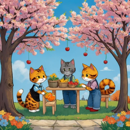picnic,springtime background,spring background,spring greeting,cherry trees,family picnic,springtime,fall animals,cat's cafe,picnic basket,cherry tree,four seasons,foxes,game illustration,tea party cat,children's background,playing outdoors,orchard,cats playing,fruit tree,Illustration,Children,Children 05
