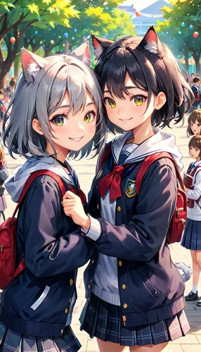 school children,nyan,kittens,two cats,kawaii children,cat ears,two girls,kantai,gray kitty,hand in hand,school uniform,hands holding,gray cat,background image,children girls,tigers,japanese sakura background,apple pair,spring background,transparent background,Anime,Anime,General