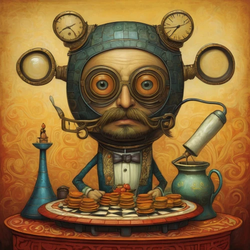 watchmaker,clockmaker,clockwork,steampunk,pinocchio,apothecary,carburetor,dali,alchemy,fish-surgeon,winemaker,cookery,the collector,cog,geppetto,surrealism,samovar,fortune teller,beekeeper's smoker,waiter,Illustration,Abstract Fantasy,Abstract Fantasy 09