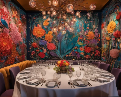 new york restaurant,fine dining restaurant,flower wall en,casa fuster hotel,dining room,tablescape,floral decorations,persian new year's table,exclusive banquet,damask background,wedding banquet,floral japanese,decor,chinese restaurant,a restaurant,bistrot,party decoration,breakfast room,restaurant bern,sugar factory,Illustration,Abstract Fantasy,Abstract Fantasy 04