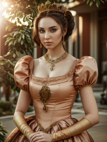 angelica,bridal jewelry,victorian lady,bodice,fairy tale character,bridal clothing,celtic queen,cinderella,hoopskirt,bridal accessory,quinceañera,elegant,ball gown,javanese,fantasy portrait,gold jewelry,princess sofia,gold filigree,venetia,miss circassian