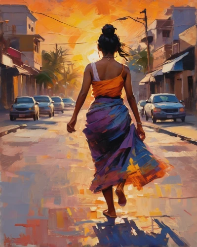 girl walking away,woman walking,girl in a long dress,by chaitanya k,woman playing,world digital painting,oil painting,radha,indian woman,girl in a long dress from the back,oil painting on canvas,digital painting,pedestrian,a pedestrian,flamenco,india,vietnamese woman,girl with cloth,girl in cloth,marrakech,Conceptual Art,Oil color,Oil Color 10