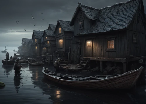 floating huts,fisherman's house,house by the water,houseboat,fishing village,boathouse,wooden houses,fantasy picture,viking ships,hanseatic city,boat landscape,viking ship,stilt houses,boat house,aurajoki,fisherman's hut,docks,boat shed,fantasy landscape,boat harbor,Illustration,Realistic Fantasy,Realistic Fantasy 17