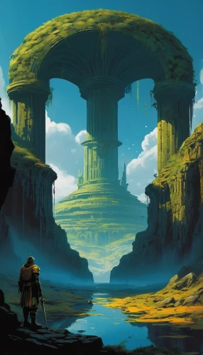 ancient city,mushroom landscape,futuristic landscape,mushroom island,fantasy landscape,pillars,guards of the canyon,ancient,floating island,floating islands,ruins,the ruins of the,karst landscape,the ancient world,old earth,concept art,terraforming,ancient buildings,sentinel,world digital painting,Conceptual Art,Sci-Fi,Sci-Fi 08