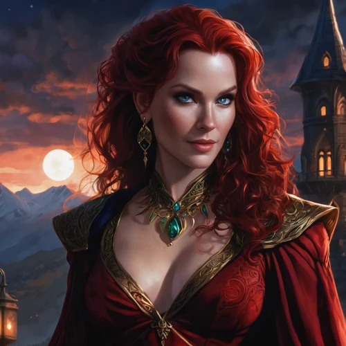 sorceress,fantasy portrait,fantasy art,fantasy picture,fantasy woman,heroic fantasy,vampire woman,celtic queen,massively multiplayer online role-playing game,callisto,celtic woman,maureen o'hara - female,merida,red tunic,the enchantress,queen of hearts,sci fiction illustration,vampire lady,cybele,red cape,Illustration,American Style,American Style 13