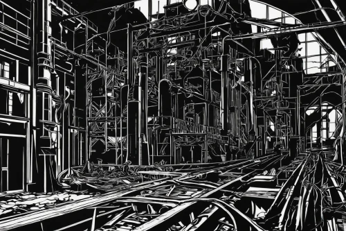 abandoned factory,empty factory,industrial ruin,the boiler room,machinery,engine room,frame drawing,wireframe,empty interior,wireframe graphics,biomechanical,urbex,industrial plant,derelict,steel mill,abandoned places,dilapidated,old factory,underconstruction,luxury decay,Illustration,Black and White,Black and White 19