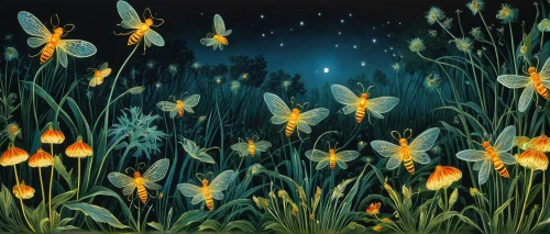 fireflies,daffodil field,lilies of the valley,dandelion meadow,fairy lanterns,wild tulips,dandelions,jonquils,buttercups,garden star of bethlehem,night stars,scattered flowers,star of bethlehem,lilies,dandelion field,flying dandelions,daffodils,firefly,lillies,star-of-bethlehem,Illustration,Retro,Retro 24