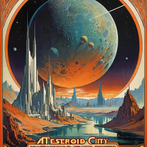 travel poster,metropolis,terraforming,asteroid,asteroids,ancient city,sci fiction illustration,futuristic landscape,meteorite,venus surface,space tourism,sci fi,space art,sci-fi,sci - fi,extraterrestrial life,poster,city cities,alien planet,herfstanemoon,Illustration,Retro,Retro 03