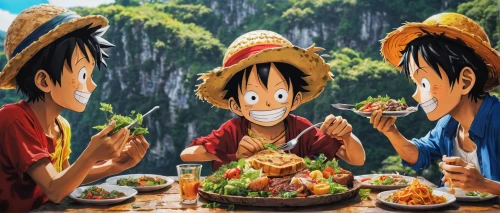 straw hats,family dinner,straw hat,family picnic,feast noodles,traditional food,summer foods,anime 3d,anime cartoon,happy family,thanksgiving background,onepiece,birthday banner background,kawaii food,hawaiian food,good food,enjoy the meal,cooking book cover,pilaf,summer bbq,Conceptual Art,Graffiti Art,Graffiti Art 02