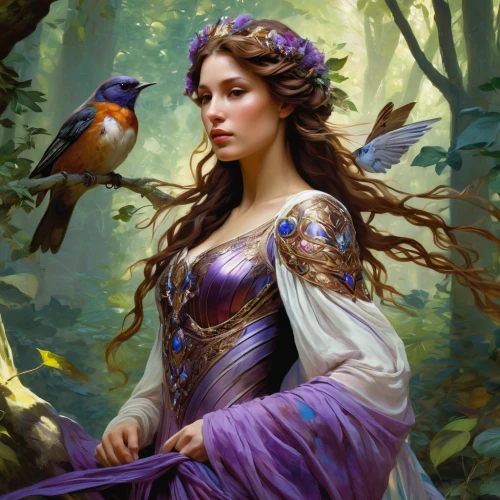 fantasy portrait,faerie,fantasy picture,fantasy art,faery,the hummingbird hawk-purple,flower and bird illustration,songbirds,mystical portrait of a girl,fairy tale character,fantasy woman,blue birds and blossom,fae,rapunzel,fairy queen,la violetta,crow queen,dove of peace,sorceress,golden lilac,Conceptual Art,Fantasy,Fantasy 05