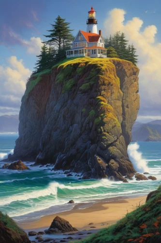 lighthouse,light house,electric lighthouse,petit minou lighthouse,coastal landscape,red lighthouse,crisp point lighthouse,light station,battery point lighthouse,point lighthouse torch,beach landscape,pacific coastline,granite island,oregon,washington,cliffs ocean,world digital painting,landscape background,cliff coast,coastline,Illustration,Realistic Fantasy,Realistic Fantasy 32