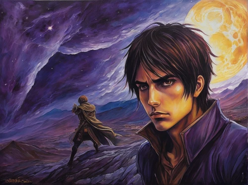 howl,luke skywalker,the wanderer,purple moon,fantasy art,violinist violinist of the moon,shinigami,jrr tolkien,daemon,fantasy portrait,bodhi,heroic fantasy,mirror of souls,swordsman,fantasy picture,rasputin,oil painting on canvas,merlin,sōjutsu,gale,Illustration,Realistic Fantasy,Realistic Fantasy 30