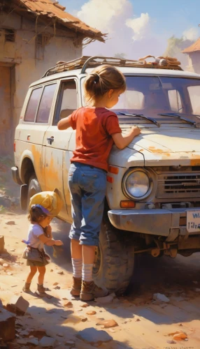 station wagon-station wagon,girl and car,jeep wagoneer,vintage children,girl washes the car,rusty cars,wagon,old cars,vintage boy and girl,nomadic children,family car,retro vehicle,junk yard,car repair,washing car,world digital painting,ford truck,pickup-truck,wagons,old car,Conceptual Art,Oil color,Oil Color 03