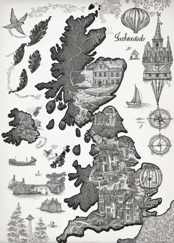 orkney island,uk sea,old world map,map silhouette,united kingdom,the north sea,airships,imperial shores,scottish,to scale,cartography,island of fyn,isle of mull,wales,north sea,tartarstan,scotland,north of scotland,city cities,destinations,Illustration,Black and White,Black and White 11