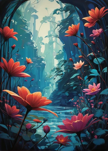 forest anemone,underwater oasis,underwater landscape,anemones,underwater background,fairy forest,koi pond,forest floor,water lilies,tropical bloom,pond flower,red anemones,fantasy landscape,lily pond,fall anemone,mushroom landscape,water lotus,lotuses,fairy world,enchanted forest,Illustration,Black and White,Black and White 08