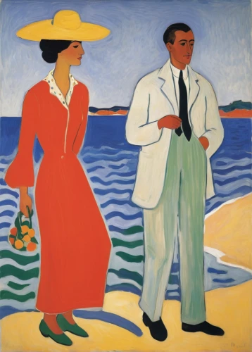young couple,braque francais,man and wife,braque saint-germain,people on beach,post impressionism,olle gill,promenade,vincent van gough,two people,black couple,beach goers,man at the sea,picasso,man and woman,the people in the sea,post impressionist,woman with ice-cream,man with umbrella,advertising figure,Art,Artistic Painting,Artistic Painting 40