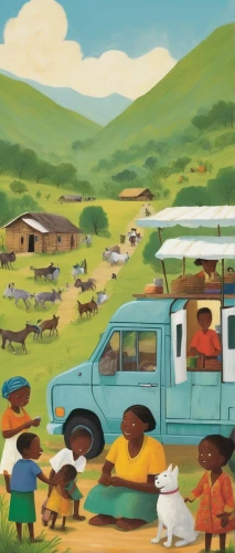 travel trailer poster,cameroon sheep,vwbus,ox cart,people of uganda,caravan,livestock farming,safari,caravanning,east africa,rwanda,farmer's market,nomadic children,nomadic people,animal migration,covered wagon,africa,cattle crossing,tanzania,ice cream van,Art,Artistic Painting,Artistic Painting 25