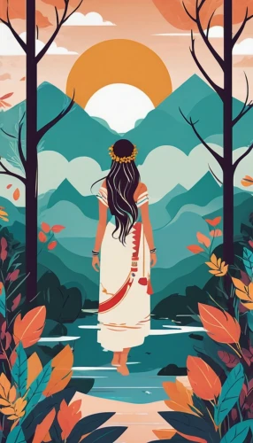 woman at the well,digital illustration,girl on the river,autumn background,girl with tree,vector illustration,wander,boho background,girl in a long dress,indian summer,rosa ' amber cover,moana,coffee tea illustration,fall landscape,game illustration,autumn idyll,wanderer,mulan,landscape background,autumn theme,Illustration,Japanese style,Japanese Style 06