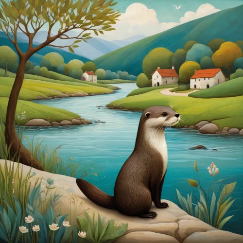 north american river otter,mustelidae,otter,otters,polecat,american mink,stoat,river landscape,long tailed weasel,whimsical animals,otter baby,mustelid,weasel,european water shrew,black-footed ferret,brook landscape,ferret,marten,lake tanuki,river cooter,Art,Artistic Painting,Artistic Painting 29