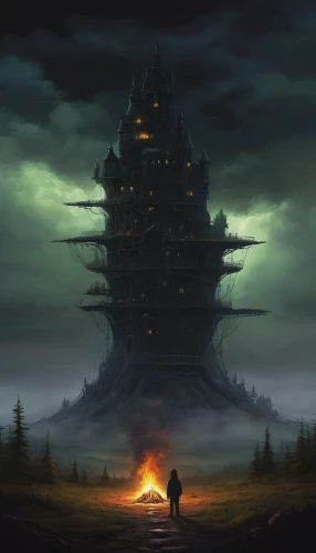 witch's house,witch house,fantasy picture,house silhouette,tower of babel,ghost castle,ancient house,cauldron,fantasy landscape,fairy chimney,beacon,lonely house,castle of the corvin,fantasy art,watchtower,fortress,ancient city,lostplace,haunted castle,spire,Art,Classical Oil Painting,Classical Oil Painting 13