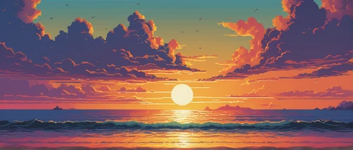 coast sunset,ocean,pixel art,sun and sea,sun,sea,sunset,sunset beach,the endless sea,dune sea,horizon,sunset glow,the horizon,sunrise,setting sun,rising sun,eventide,sunrise beach,ocean background,golden sun,Illustration,Retro,Retro 19