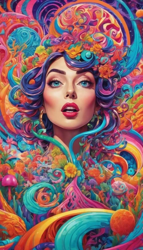 psychedelic art,colorful background,psychedelic,medusa,coral swirl,colorful spiral,fantasy art,boho art,swirling,mermaid background,lsd,the festival of colors,background colorful,oil painting on canvas,mystical portrait of a girl,art painting,fantasia,meticulous painting,creative background,fantasy woman,Illustration,Realistic Fantasy,Realistic Fantasy 39