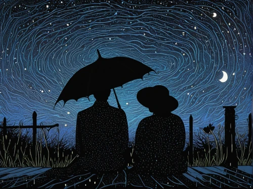stargazing,the night sky,astronomers,night scene,silhouette art,night stars,falling stars,vincent van gough,the stars,astronomer,vintage couple silhouette,starry night,starry sky,constellations,couple silhouette,the moon and the stars,meteor shower,man with umbrella,perseids,sci fiction illustration,Illustration,Black and White,Black and White 19
