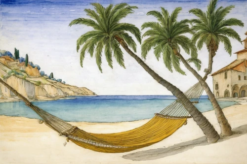 beach landscape,watercolor palm trees,palm field,waikiki beach,hammock,palm pasture,coconut palms,landscape with sea,deckchair,khokhloma painting,coastal landscape,coconut trees,summer still-life,palmtrees,hammocks,date palms,two palms,palm leaves,deckchairs,the palm,Art,Classical Oil Painting,Classical Oil Painting 34