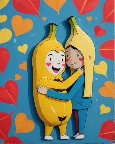 superfruit,banana family,banana,pimiento,nanas,hug,monkey banana,cute cartoon image,kids illustration,bananas,dolphin bananas,yellow background,ananas,love carrot,banana apple,couple in love,hugs,love story,lemon background,heart clipart,Illustration,Vector,Vector 06